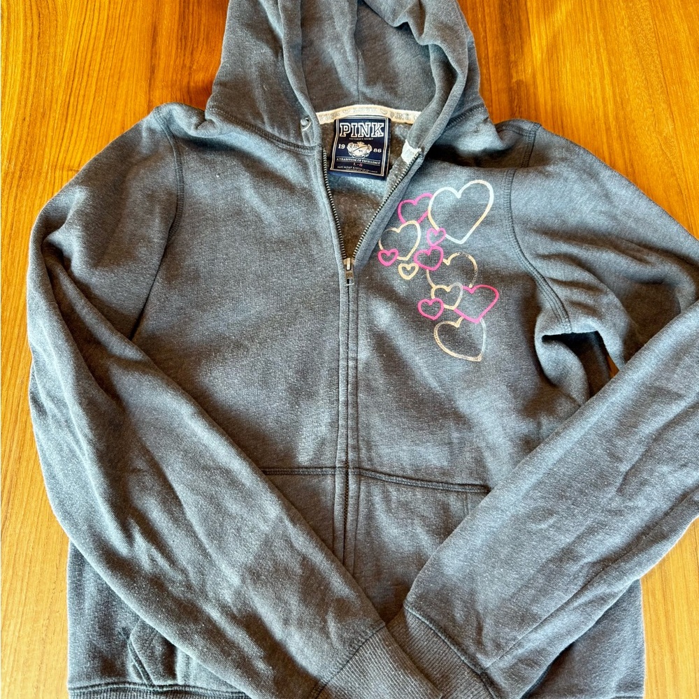PINK Victoria's Secret Charcoal Hoodie with Heart Embroidery
